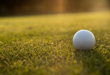 Closeup Golf ball on green grass on course