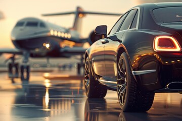 Obraz premium luxurious car and private jet vip airport service 3d illustration
