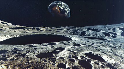 Lunar landscape with earth in the background seen from the moon
