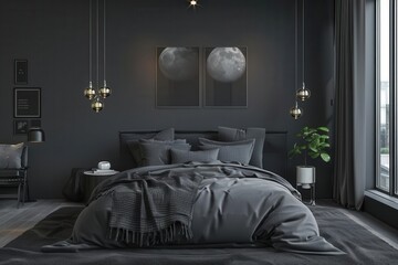 luxurious dark gray bedroom interior blank mockup wall for artwork display