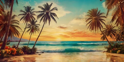 Obraz premium Vivid summer collage of palm trees and a golden beach at sunset, mixing retro elements with vibrant tropical colors and textures, such as vintage postcards, sea waves, and exotic flowers