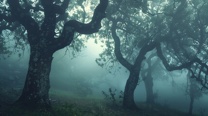 Mysterious foggy forest, oak trees, foliage, leafs,fog,tree trunks, gloomy landscape. Eastern Europe,32k, full ultra hd, high resolution --ar 16:9