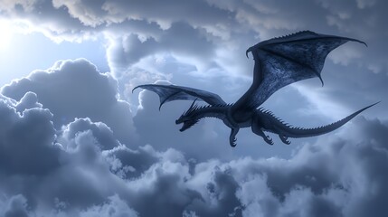Fototapeta premium A 3D rendered image of a dragon flying through the clouds.