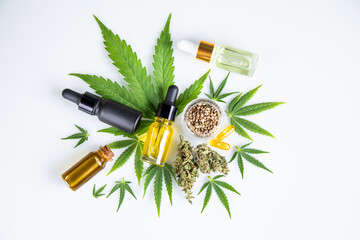 Hemp oil bottle with hemp leaf and cannabis leaf, marijuana