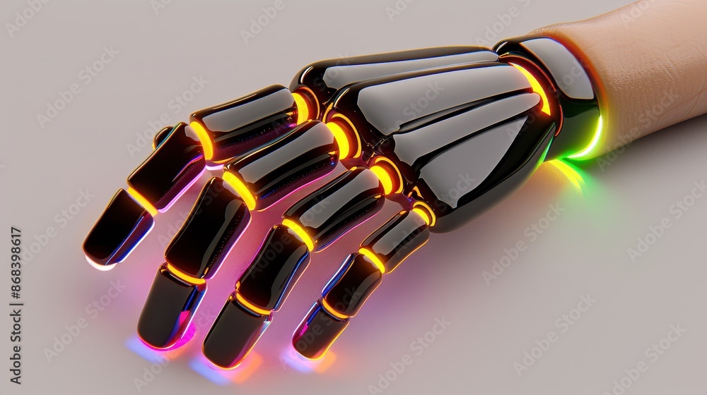 Poster a close-up of a futuristic robotic hand with glowing neon lights, showcasing advanced technology and