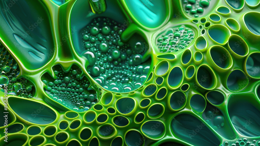 Poster close-up of intricate green abstract patterns resembling cellular structures with bubbles, showcasin
