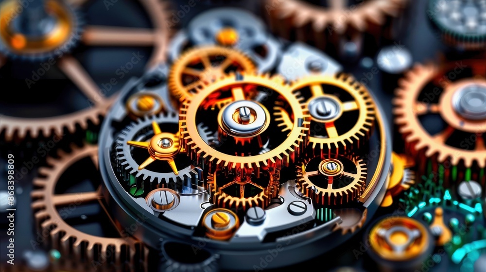 Poster close-up view of intricate gold and copper gears of a mechanical clock, showcasing precision enginee