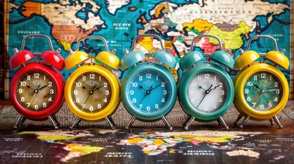 Colorful alarm clocks in a row with a world map in the background, representing time zones and global travel concepts.