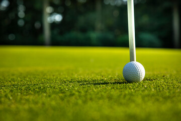 Closeup Golf ball on green grass on course