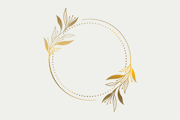 Luxury floral round frame with golden leaves, Botanical and floral logo elements, Hand drawn leaves branch, Vector isolated illustration
