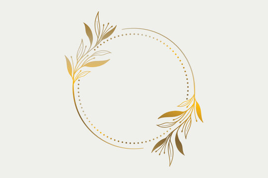 Luxury floral round frame with golden leaves, Botanical and floral logo elements, Hand drawn leaves branch, Vector isolated illustration