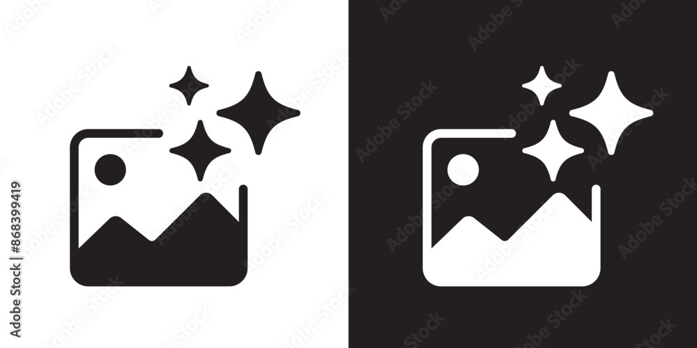 Poster AI generate image icon. Image enhancement, improve quality and generative by Machine learning. AI enters by command prompt to generate ideas. Icon element for apps web. Vector illustration.