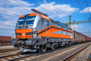 Fototapeta premium Freight train passing through. Shipping and logistics concept 