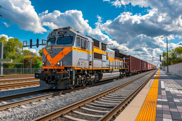 Fototapeta premium Freight train passing through. Shipping and logistics concept 