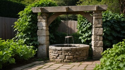 Naklejka premium A quaint stone well in the center of a lush garden with a stone path and abundant greenery