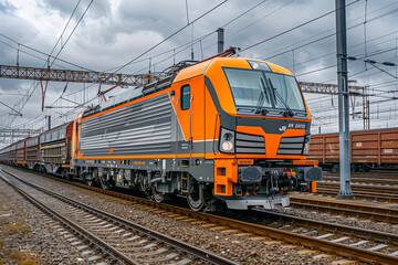 Fototapeta premium Freight train passing through. Shipping and logistics concept 