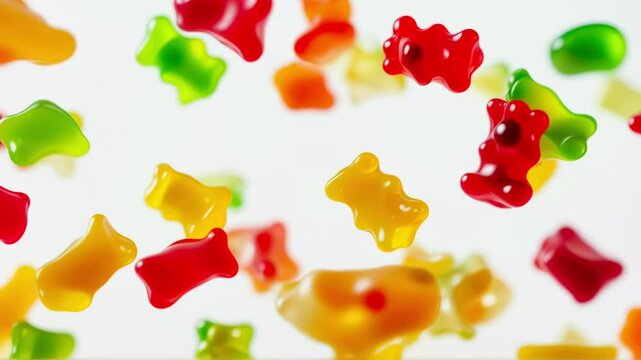Gummy Bears and Candies Falling in Slow Motion. Gummy Candy Rain. Colorful, Playful, and Delicious Treats on a White Background.