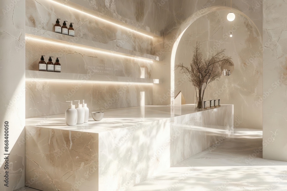 Poster luxurious white marble product display with soft ambient backlighting 3d render