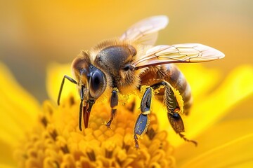 macro shot of honeybee on vibrant yellow flower intricate details of bees wings and pollencovered body soft bokeh background suggests sunny garden sharp focus on bees compound eyes