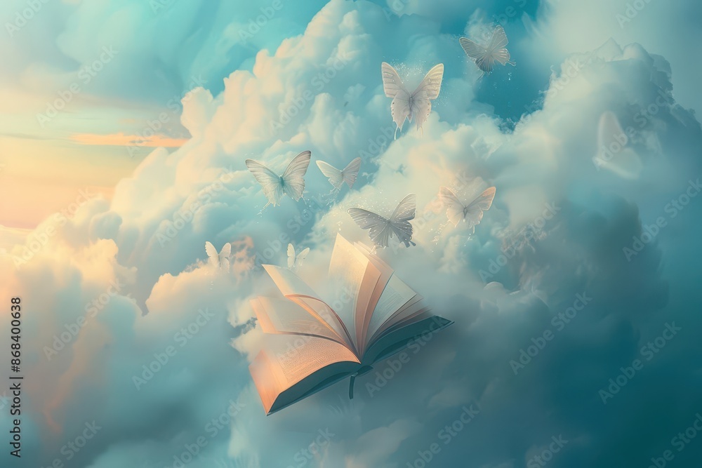 Poster magical floating library in clouds open books with pages transforming into ethereal butterflies drea
