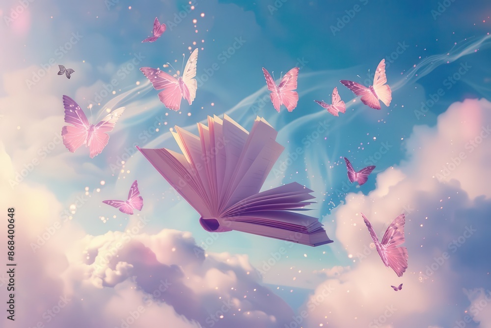 Poster magical floating library in clouds open books with pages transforming into ethereal butterflies drea