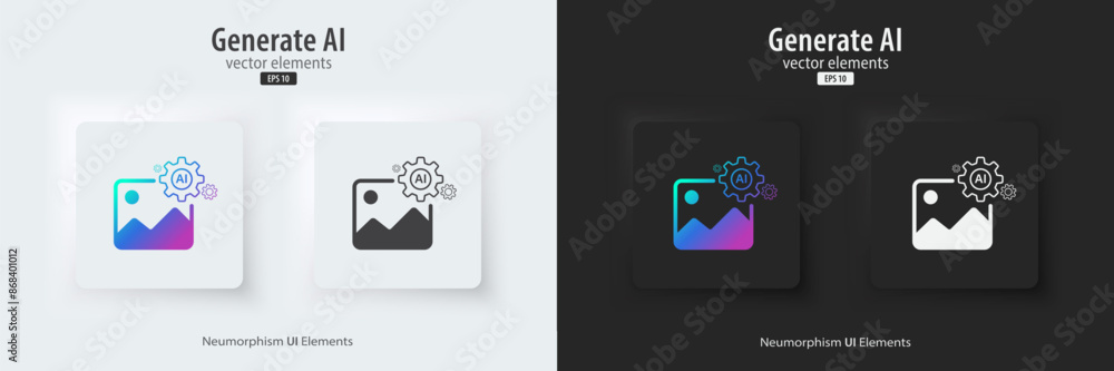 Poster AI generate image icon. A set of buttons with symbols. Image enhancement, improved quality, generated. Artificial intelligence technology concept. Neumorphism style, UI UX design, Vector illustration.