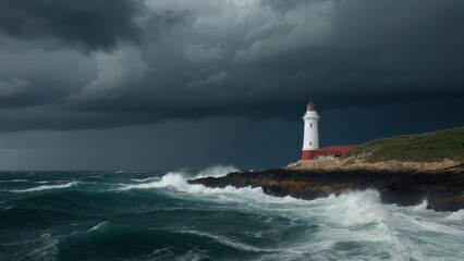A solitary lighthouse standing tall on a cliffside amidst stormy seas and dramatic skies