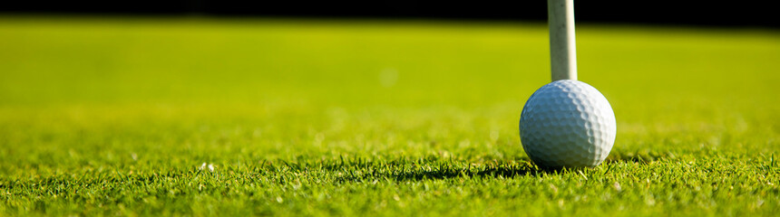 Closeup Golf ball on green grass on course