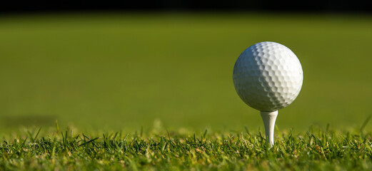Closeup Golf ball on green grass on course