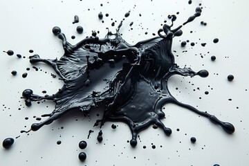 Black ink splash explosion on a white background, 3D rendered illustration in the style of a flat lay top view, isolated on a white background with no shadow in the middle of an empty space.