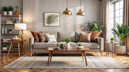 Cozy and modern living room interior with plush sofa, coffee table, and decorative elements, living room, interior design