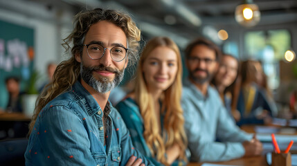 Fototapeta premium Portrait of smiling man with long hair and beard sitting in front his business team at office meeting, Diverse group people working together