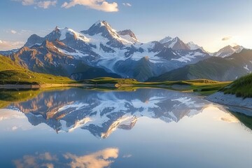 majestic alpine lake reflecting snowcapped mountains pristine wilderness golden hour sunlight serene landscape panorama