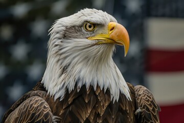 Obraz premium America Eagle. Bald Eagle Perched on American Flag in Patriotic Background