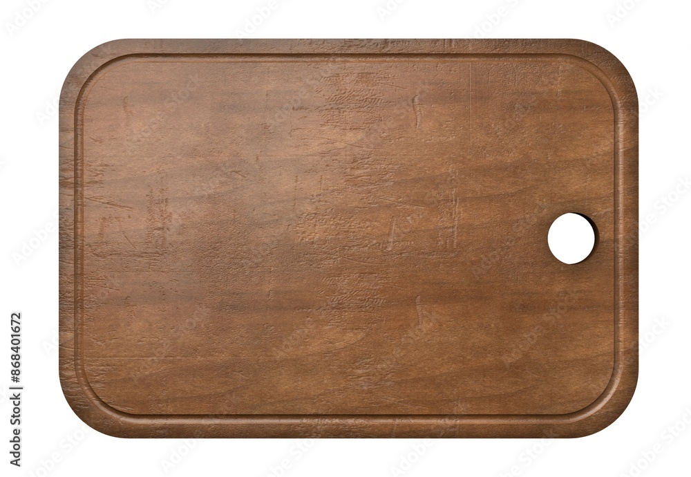 Poster old rustic empty wooden cutting or chopping board with groove and hole isolated on white background 
