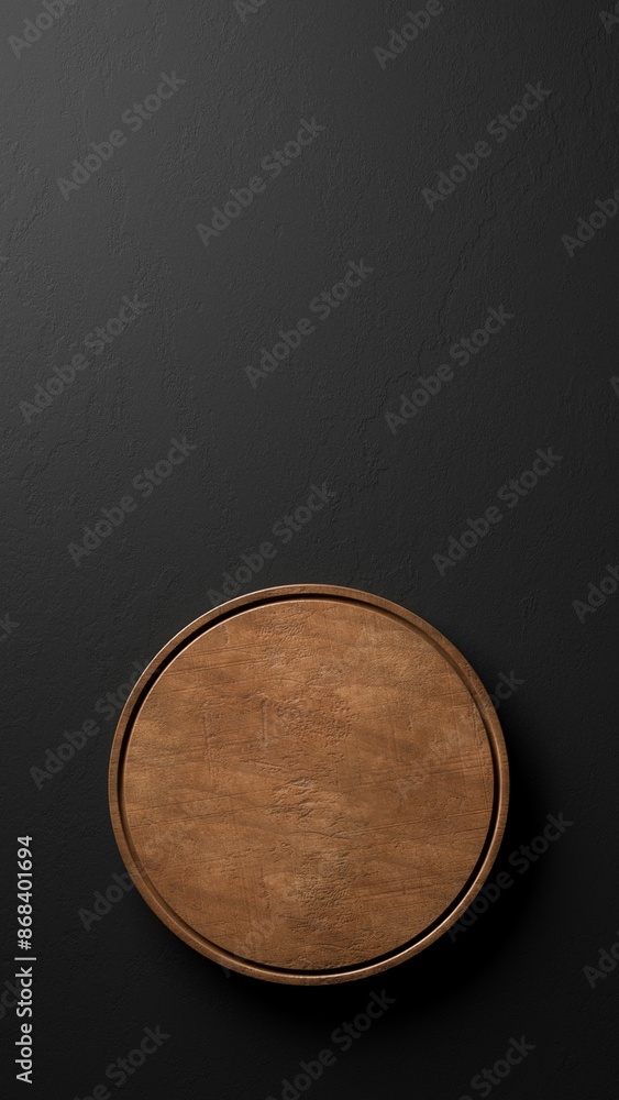 Poster old rustic empty round wooden cutting or chopping board on black stone background flat lay top view 