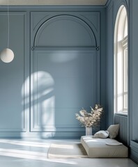 Minimalist blue wall in a bright and airy interior