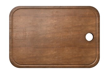 Old rustic empty wooden cutting or chopping board with groove and hole isolated on white background flat lay top view from above