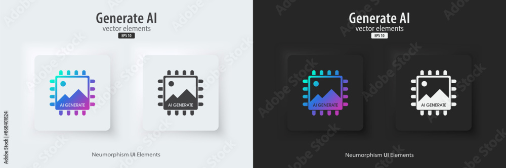 Aufkleber AI generate image icon. A set of buttons with symbols. Image enhancement, improved quality, generated. Artificial intelligence technology concept. Neumorphism style, UI UX design, Vector illustration.