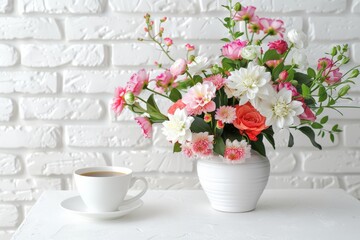 Fototapeta premium White Table with Flower Bouquet, Coffee Cup on White Brick Wall Background, Morning Greeting Card
