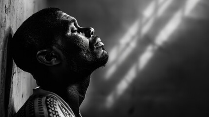 Black Prison. Afro-American Male Praying and Seeking Light and Justice with Profound Belief