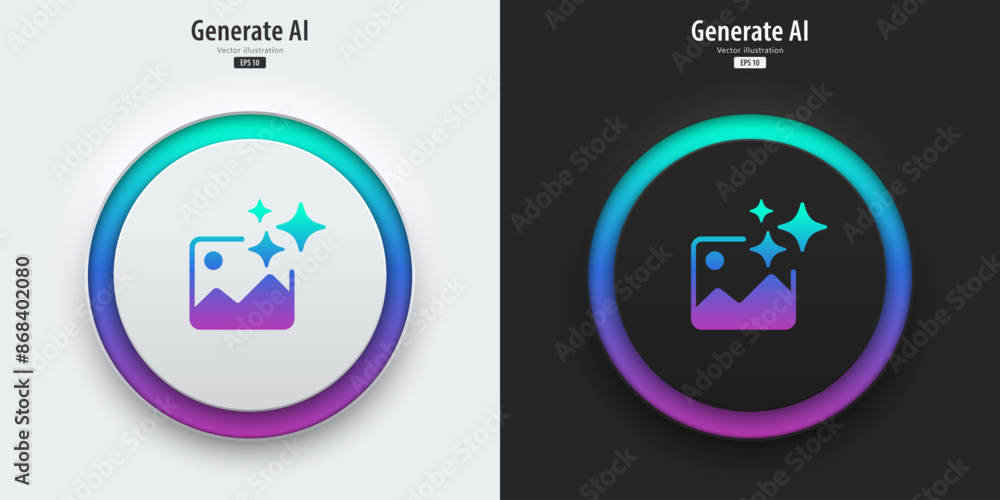 Aufkleber AI generate image icon. A set of buttons with symbols. Image enhancement, improved quality, generated. Artificial intelligence technology concept. Neumorphism style, UI UX design, Vector illustration.