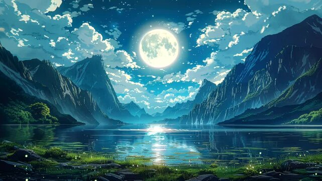 Moonlit lake surrounded by mountains with starry sky reflection. Tranquil nightscape concept