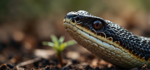 Obraz premium Close up wildlife photography, authentic macro photo of a snake in natural habitat, taken with telephoto lenses, for relaxing animal wallpaper