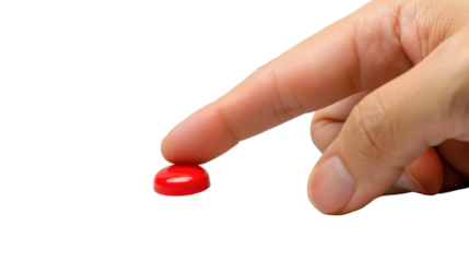 Finger pressing red button on white background