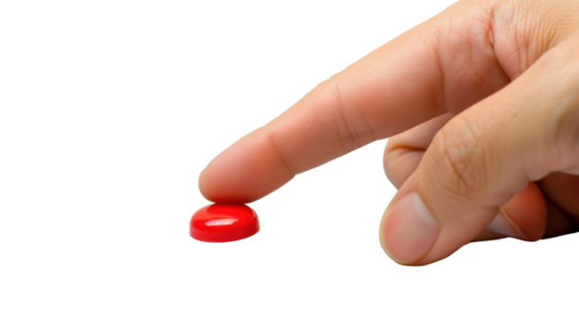 Finger pressing red button on white background