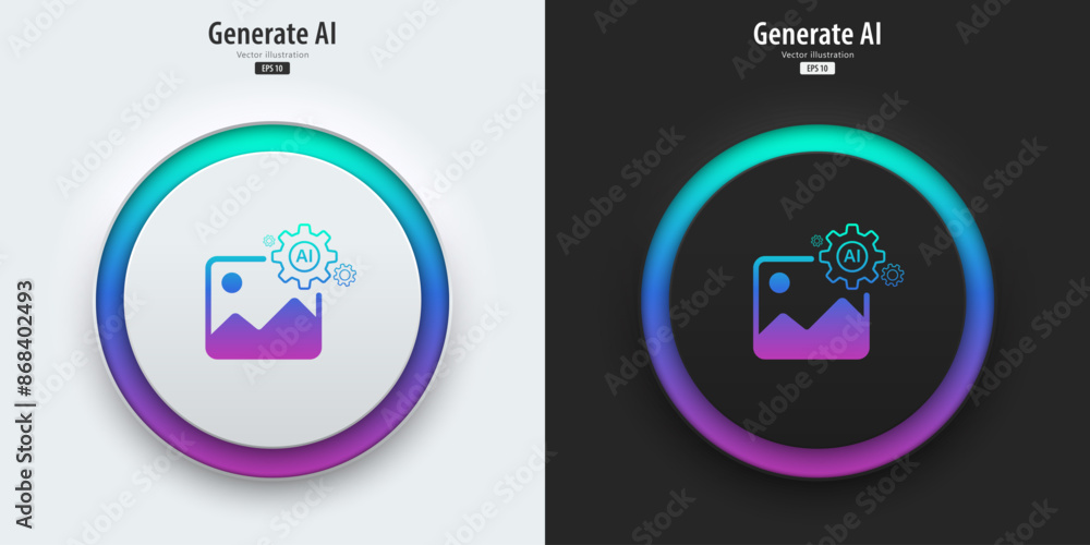 Aufkleber AI generate image icon. A set of buttons with symbols. Image enhancement, improved quality, generated. Artificial intelligence technology concept. Neumorphism style, UI UX design, Vector illustration.