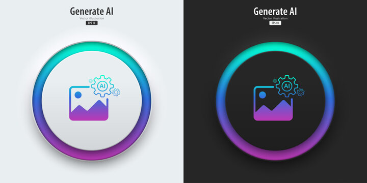 AI generate image icon. A set of buttons with symbols. Image enhancement, improved quality, generated. Artificial intelligence technology concept. Neumorphism style, UI UX design, Vector illustration.