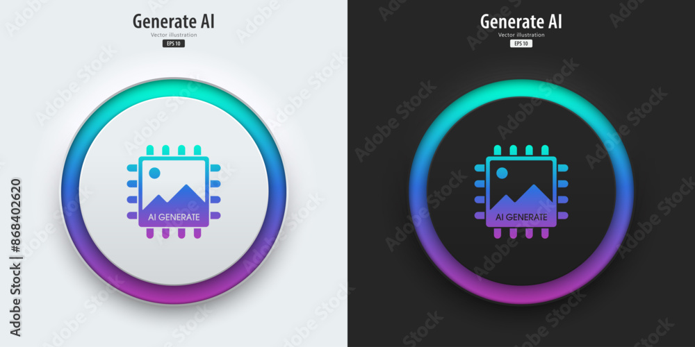 Poster AI generate image icon. A set of buttons with symbols. Image enhancement, improved quality, generated. Artificial intelligence technology concept. Neumorphism style, UI UX design, Vector illustration.