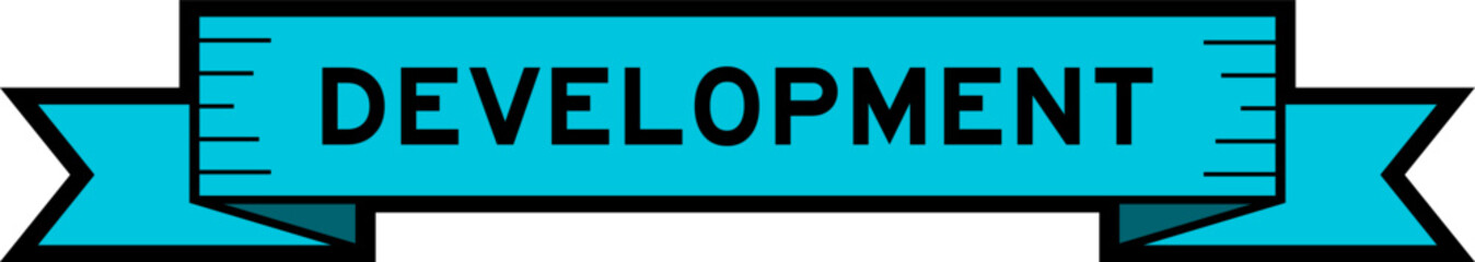 Ribbon label banner with word development in blue color on white background